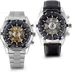 JewelryWe 2PCS Herren Armbanduhr, Analog Quarz, Fashion Business Casual Handaufzug mechanische Uhr mit Edelstahl Leder Armband, Schwarz Bezel Skelett Zifferblatt von JewelryWe