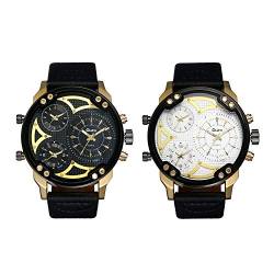 JewelryWe 2PCS Herren Übergroße Armbanduhr DREI Zeitzone Analog Quarz Uhr Leder Band Sportuhr mit großem Zifferblatt, Schwarz Weiß von JewelryWe