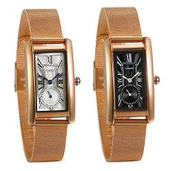 JewelryWe 2pcs Damen Armbanduhr Elegant Analog Quarz 30M Wasserdicht Rosegold Ton Edelstahl Milanaise Mesh Armband Uhr mit Rechteckig Römischen Ziffern Zifferblatt, Schwarz/Weiß von JewelryWe