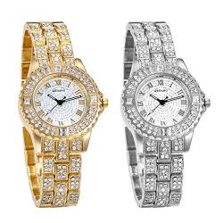 JewelryWe 2pcs Damenuhr Elegant Armbanduhr mit Strass Glitzer Römanische Ziffer Metallarmband Analog Quarz Uhr für Frauen von JewelryWe