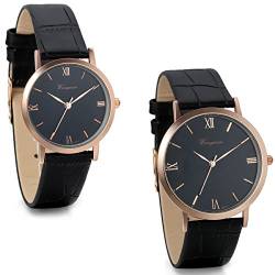 JewelryWe 2pcs Herren Damen Freundschafts Armbanduhr, Einfach Business Casual Analog Quarz Uhr für Lieben Valentinstag Paar Paare Geschenk, Schwarz Leder Armband & Römische Ziffern Zifferblatt von JewelryWe