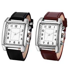 JewelryWe 2pcs Herrenuhr Quadratische Uhren Herren Datum Kalender Analog Quarz Armbanduhr Klassische Rechteckige Beiläufige Uhr mit Leder Armband von JewelryWe