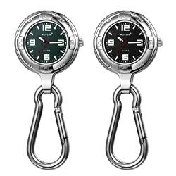 JewelryWe 2pcs Karabineruhr Taschenuhr mit Karabiner Schlüsselanhänger große Schnalle Analog Quarz Uhr für Ärzte Krankenschwestern Sanitäter Köche Schwarz/Grün von JewelryWe