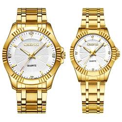 JewelryWe 2pcs Paar Uhren Quarz Analog Partner Freundschafts Armbanduhr Edelstahl Armband Uhr mit Beleuchtenden Zeiger und weißem Zifferblatt, Valentinstag Pärchen Geschenk für Herren Damen, Gold von JewelryWe