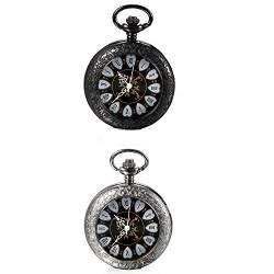 JewelryWe 2pcs Retro Handaufzug Mechanische Taschenuhr Vintage Blumenmuster Römische Ziffern Taschenuhren Uhr mit Kette und Geschenkbox, Schwarz Silber von JewelryWe