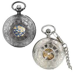 JewelryWe 2pcs Retro Römische Ziffern Handaufzug mechanische Taschenuhr Skelett Uhr mit Halskette Kette Umhängeuhr Schwarz Silber von JewelryWe