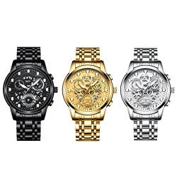 JewelryWe 3 PCS Herrenuhr Quarz Analog Armbanduhr 30M Wasserdicht Edelstahl Armband Business Causual Uhr mit Kalender und Leuchtend Zeiger Vatertagsgeschenk, Schwarz Gold Silber von JewelryWe