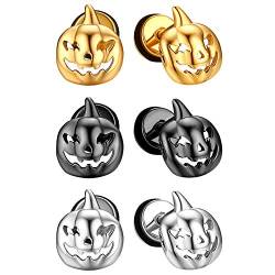 JewelryWe 3 Paar Halloween Fakeplugs Ohrstecker Set, Edelstahl Kürbis Fratze Totenkopf Ghost Nightmare Ohrringe für Herren Damen, Schwarz Gold Silber von JewelryWe