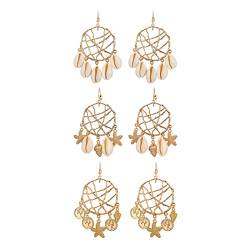 JewelryWe 3 Paare Damen Ohrringe Set, Boho Traumfänger Kauri Muschel Tropfenohrring Baumelnde Statement Ohrstecker Ohrhänger für Frau Mädchen von JewelryWe