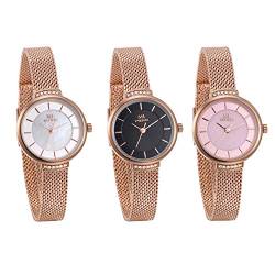 JewelryWe 3pcs Damen Analog Quarz Uhr Klassische Rosegold Ton Edelstahl Milanaise Mesh Armband Business Casual Armbanduhr mit Rundem Zifferblatt von JewelryWe