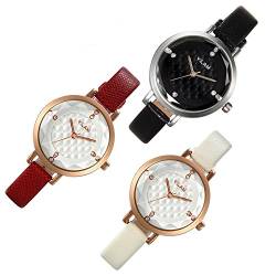 JewelryWe 3pcs Damen Armbanduhr, 30M Wasserdicht Elegant Einzigartig Analog Quarz Uhr mit Strass Kariert Zifferblatt und Leder Armband, Farbe: Schwarz, Weiß, Rot von JewelryWe