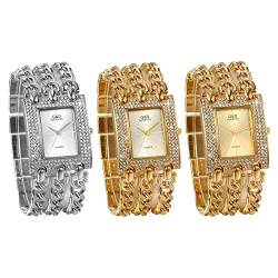 JewelryWe 3pcs Damen Uhren Elegant Analog Quarz Armbanduhr Strass Rechteckig Beiläufige Uhr mit dreifach Panzerkette Armband, Gold Silber von JewelryWe