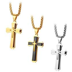 JewelryWe 3pcs Herren Halskette, Edelstahl Klassisch Kreuz Anhänger mit 22 Zoll Kette, Silber Gold Schwarz, mit kostenloser Gravur von JewelryWe