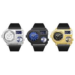 JewelryWe 3pcs Herrenuhr Analog Quarz DREI Zeitzone Armbanduhr Männer Leder Armband Einzigartige Übergroße Uhr Sportuhr mit Dual Display Zifferblatt, Gold Silber Schwarz von JewelryWe