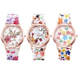 JewelryWe 3pcs Uhren Damen Analog Quarz Armbanduhr Mode Exquisit Blumen Blumendruck Beiläufige Uhr mit Silikon Armband von JewelryWe