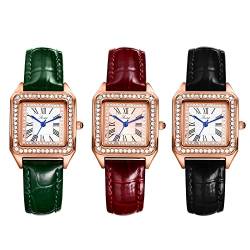 JewelryWe 3pcs Uhren Damen Klassisch Quadrat Strass Römische Ziffern Leder Band Armbanduhr Analog Quarz Geschäfts Beiläufige Uhr für Frauen Mädchen Schwarz/Braun/Grün von JewelryWe