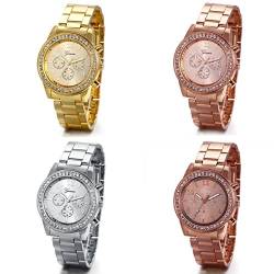 JewelryWe 4pcs Herren Damen Armbanduhr, Elegant Shiny Business Casual Analog Quarz Edelstahl Armband Uhr mit Strass Digital Zifferblatt, 4 Farben von JewelryWe