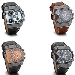 JewelryWe 4pcs Set Herren Armbanduhr, 3 Zeitzone übergroße Militär Sportuhr Analog Quarz Uhr mit Leder Armband, 4 Modellen von JewelryWe