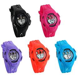 JewelryWe 5pcs Digital Uhren für Kinder Junge Mädchen, 30m Wasserdicht Sportuhr Armbanduhr mit 12/24H Format/Wecker/Kalender/LED-Licht, elektronische gewebt Armband Uhr für Jugendliche, 5 Farben von JewelryWe