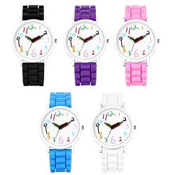 JewelryWe 5pcs Kinderuhr Analog Quarz Armbanduhr Kinder Cartoon-Zahlen Bleistift Zeiger Silikon Armband Uhren für Junge Mädchen Jugendliche, 5 von JewelryWe