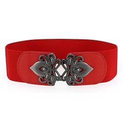 JewelryWe Damen Gürtel Elastisch Breit PU Retro Blumen Schnalle Taillengürtel Kleid Belt Rot von JewelryWe