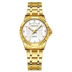 JewelryWe Damenuhr Quarz Analog Partner Armbanduhr Business Casual Edelstahl Armband Damen Uhr mit Beleuchtenden Zeiger und weißem Zifferblatt, Geschenk für Frauen Mädchen, Gold von JewelryWe