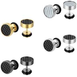 JewelryWe Fake Plug Ohrstecker Edelstahl: 4 Paar Herren Damen Tunnel Ohrringe Kohlenstofffaser Kohlefaser Inlay Runde Kreis Ohrstecker Schraube Helix Tragus Conch Ohr Piercings 9mm Schwarz Gold Silber von JewelryWe