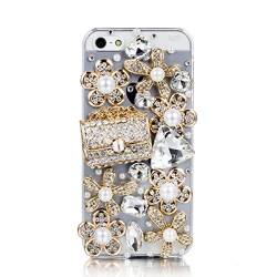 JewelryWe Für iPhone 5 5S Hülle Schale Tasche Etui 3D Bling Strass Coco-Tasche Blumen Case Cover Transparent von JewelryWe
