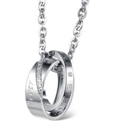 JewelryWe Halskette Herren Edelstahl Ringe: 2 Ringe Verriegelung Strass Anhänger Kette mit Gravur Eternal Love Partneranhänger Partnerkette Geschenk für Männer Silber von JewelryWe