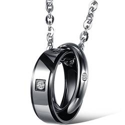 JewelryWe Halskette Herren Edelstahl Ringe: 2 Ringe Verriegelung Strass Anhänger Kette mit Gravur True Love Partneranhänger Partnerketten Geschenk für Männer Schwarz Silber von JewelryWe