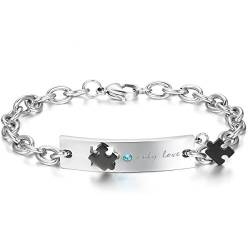 JewelryWe Herren Armband Edelstahl Panzerkette: Armkette mit Gravur Only Love Puzzle Zirkonia Diamant Design Lieben Freundschaftsarmband Valentinstag Paar Geschenke für Männer Schwarz Silber von JewelryWe