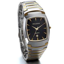 JewelryWe Herren Armbanduhr, Luxus Edle Business Casual Kalender Analog Quarz Uhr mit Wolfram Wolframcarbid Armband, Gold Silber von JewelryWe