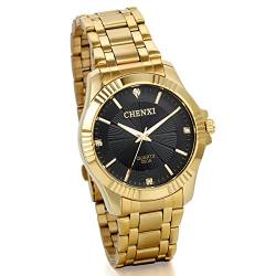 JewelryWe Herren Armbanduhr Analog Quarz Elegent Luxus Business Uhr mit Gold Edelstal Armband und Schwarz Strass Zifferblatt von JewelryWe