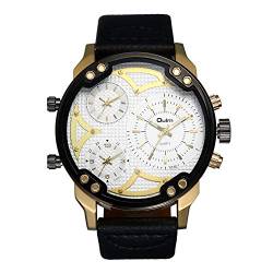 JewelryWe Herren Armbanduhr DREI Zeitzone Analog Quarz Uhr schwarz Leder Band Sportuhr mit weißem Zifferblatt von JewelryWe