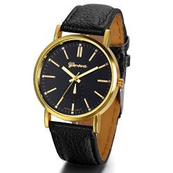 JewelryWe Herren Damen Armbanduhr, Einfach Klassiker Business Casual Analog Quarz Schwarz Leder Armband Uhr mit Schwarz Zifferblatt & Gold Gehäuse von JewelryWe