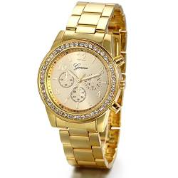 JewelryWe Herren Damen Armbanduhr, Elegant Shiny Business Casual Analog Quarz Edelstahl Armband Uhr mit Strass Digital Zifferblatt, Gold von JewelryWe