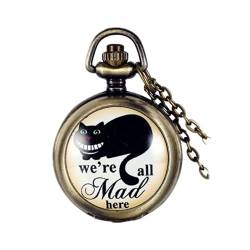 JewelryWe Herren Damen Taschenuhr, We're All mad here Schwarze grinsende Katze Uhr Anhänger Analog Quarz Kettenuhr Pullover Halskette Kette von JewelryWe