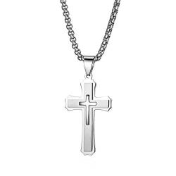 JewelryWe Herren Halskette, Edelstahl Klassisch Kreuz Anhänger mit 22 Zoll Kette, Silber, mit kostenloser Gravur von JewelryWe