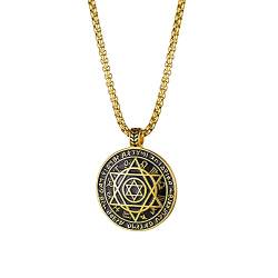 JewelryWe Herren Halskette Hexagramm Medaille: Edelstahl Vintage Davidstern Sternzeichen Amulett Medaille Runde Tag Anhänger mit Weizenkette Kette für Männer Gold von JewelryWe