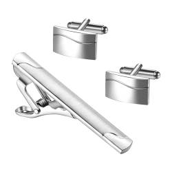 JewelryWe Herren Krawattenklammer und Manschettenknöpfe Set: 3er Silber Business Hemd Krawattennadel Manschettenknopf Cufflinks Tie Clips mit Gravur für Hochzeit Smoking Party Geschäftstreffen von JewelryWe