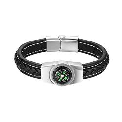 JewelryWe Herren Lederarmband, Echtleder Leder Armband Armreif Geflochten mit Kompass und Magnetverschluss aus Edelstahl, 19cm, Schwarz Silber von JewelryWe