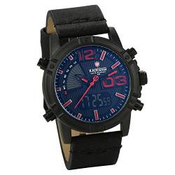 JewelryWe Herren Uhren Digital Analog 30m wasserdichte Armbanduhr schwarz Leder Band Sportuhr Digitaluhr mit Zwei Zeitzonen, Kalender, Wecker und und LED Beleuchtung von JewelryWe