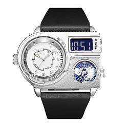 JewelryWe Herrenuhr Analog Quarz DREI Zeitzone Armbanduhr Männer Leder Armband Einzigartige Übergroße Uhr Sportuhr mit Dual Display Zifferblatt Silber von JewelryWe