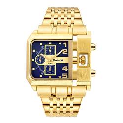 JewelryWe Herrenuhr Analog Quarz Datum Kalender Armbanduhr Männer Gold Edelstahl Armband Militär Business Casual Uhr mit Blau Quadrat Zifferblatt von JewelryWe