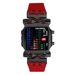 JewelryWe Herrenuhr Digital Binäre Uhr Rechteck Lünette Silikon Armbanduhr 4 Farbe LED Licht Kalender Woche Mode Cool Sport Uhren für Herren Damen Rot von JewelryWe