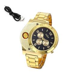 JewelryWe Herrenuhr Edelstahl Feuerzeug Uhren Herren - Schwarz Zifferblatt Analog Quarz Armbanduhr mit Zigarettenanzünder und Gold Edelstahl Armband Kreative Männer Uhr für Vatertag Geburtstag von JewelryWe