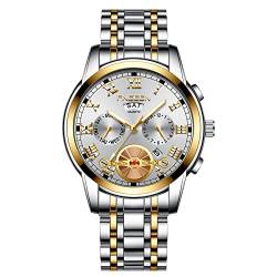 JewelryWe Herrenuhr Edelstahl Quarz Analog Armbanduhr 30M Wasserdicht Römische Ziffern Zifferblatt Uhr mit Woche Datum Kalender und Leuchtend Zeiger Vatertagsgeschenk, Gold Silber von JewelryWe