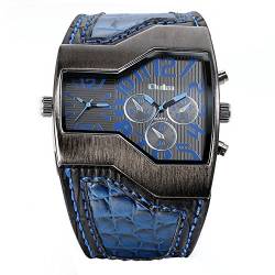 JewelryWe Herrenuhren Analog Quarz Casual Armbanduhr Blau Breit Leder Armband Sportuht mit Digital Zifferblatt Vatertagsgeschenk von JewelryWe