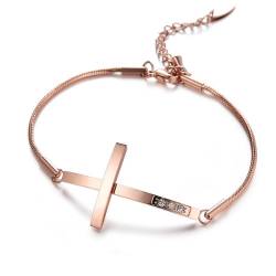 JewelryWe Kreuz Armband Damen Schlangenkette: Edelstahl Zirkonia Kruzifix Kreuz Schlangenkette Armkette Armreif Geschenk für Frauen Rosegold von JewelryWe