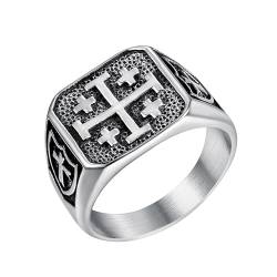 JewelryWe Kreuz Ring Herren Siegelring: Edelstahl Jerusalem Kreuz Herren-Ring Retro Punk Hip Hop Quadrat Ringe Siegelringe Männer Biker Band Bandring mit Gravur Geschenk Größe 59 von JewelryWe